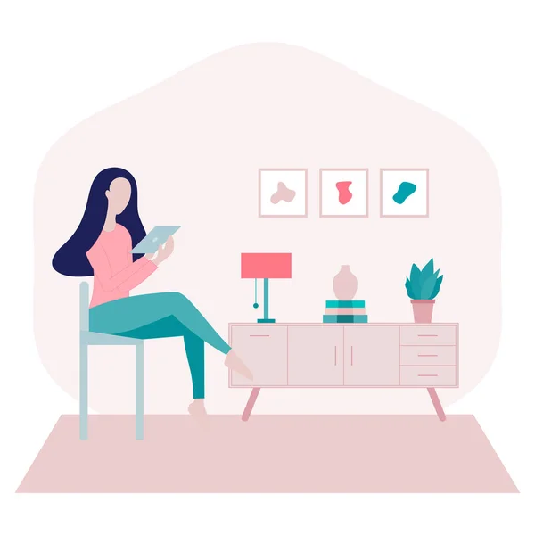 Restez Maison Concept Young Femme Assise Sur Une Chaise Maison — Image vectorielle