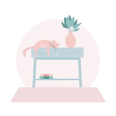 Uyuyan kedi ve mobilyalarla oturma odasının iç tasarımı: konsol masası, çiçekli vazo, kitaplar ve halı. Modern iç tasarım düz vektör çizimi. Mobil uygulama ve web sayfası başlığı.