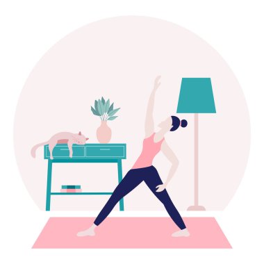 Evde konsept kal. Coronavirus tecridi sırasında rahat modern iç mekanda yoga yapan genç bir kadın. Düz vektör illüstrasyonu..