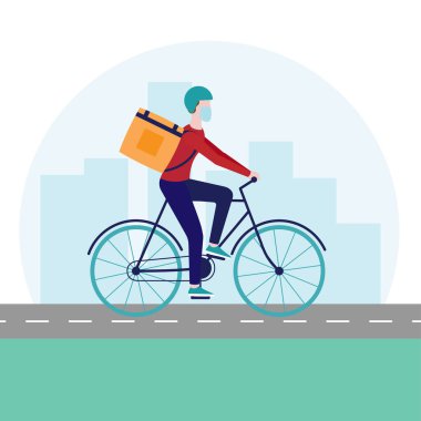 Güvenli teslimat konsepti. Bisiklet teslimat servisi. Coronavirus salgını sırasında maske takan bisikletli bir erkek kurye. Yemek servisi. Düz vektör illüstrasyonu.