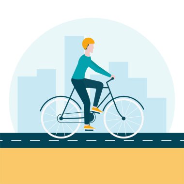 Şehir dışında bisiklet süren bir adam düz bir vektör çiziminde. Sağlıklı bir konsept olsun..