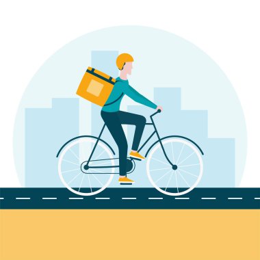 Bisiklet teslimat servisi. Erkek kurye teslimat kutusuyla bisiklete biniyor. Yemek dağıtım servisi. Düz vektör illüstrasyonu.