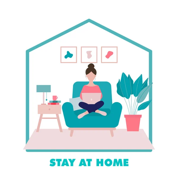 Bleiben Sie Hause Konzept Frau Sitzt Auf Einem Sessel Mit — Stockvektor