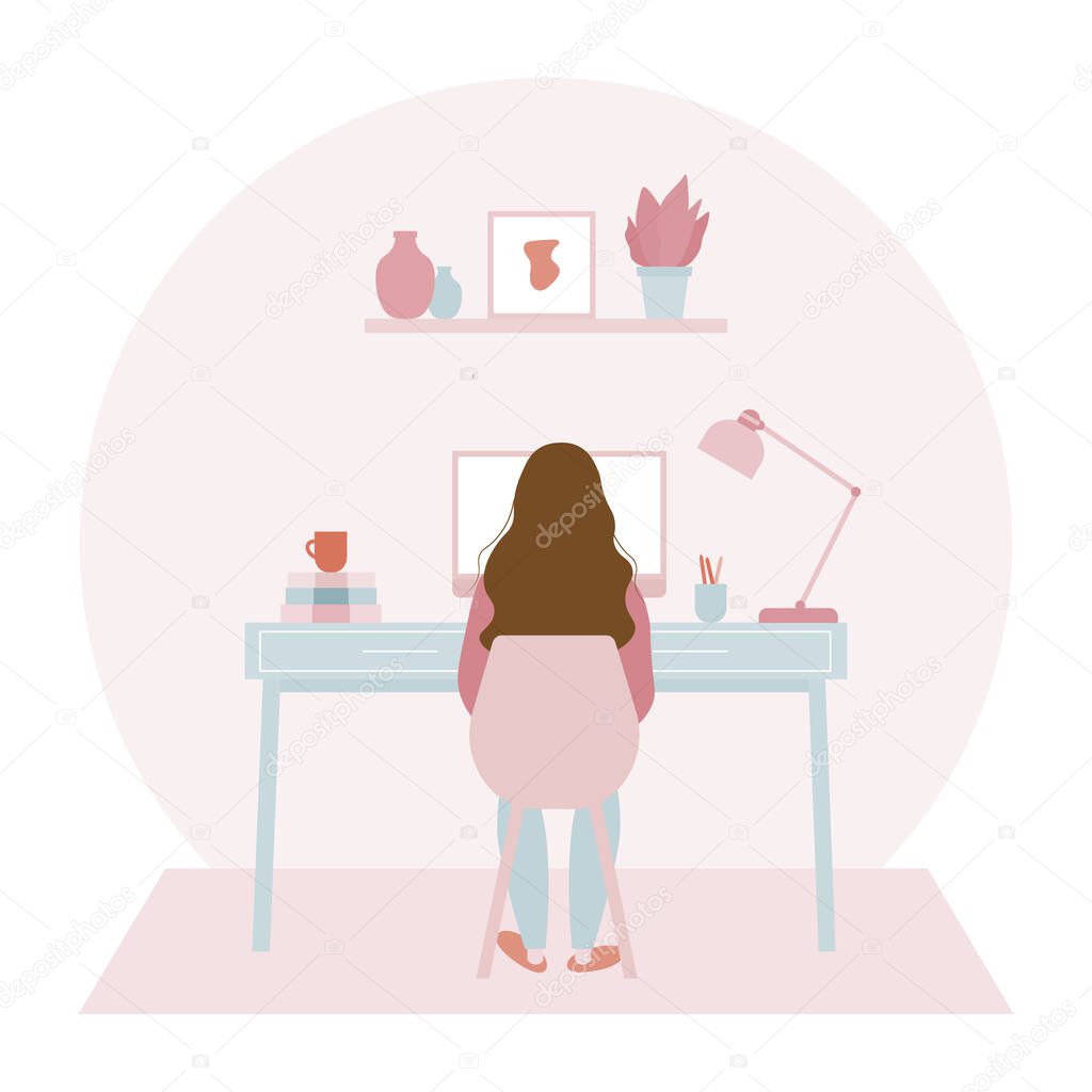 Young woman working on computer at her home office in period of self isolation and social distancing during Covid-19 virus pandemic. Stay at home concept. Freelance or studying concept illustration.