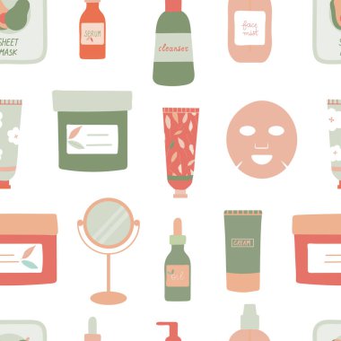 Organik doğal kozmetik ürünler ve araçlar ambalaj kağıdı, duvar kağıdı, arkaplan için kusursuz tekrarlama deseni.