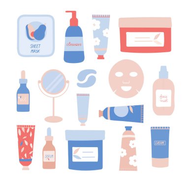 Kozmetik ürünler ve araçlar düz vektör çizimi. Yeşil güzellik. Ayna, serum, yağ, yüz kremi, el kremi, temizleyici, yüz maskesi, göz bandı, yüz sisi. Kişisel bakım ürünleri.