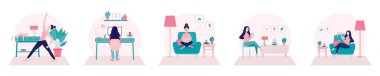 Stay home concept.Girl doing yoga,working from at home office and surfing on internet using tablet.Self isolation, quarantine due to Coronavirus. Set of flat vector illustration of home activities. clipart