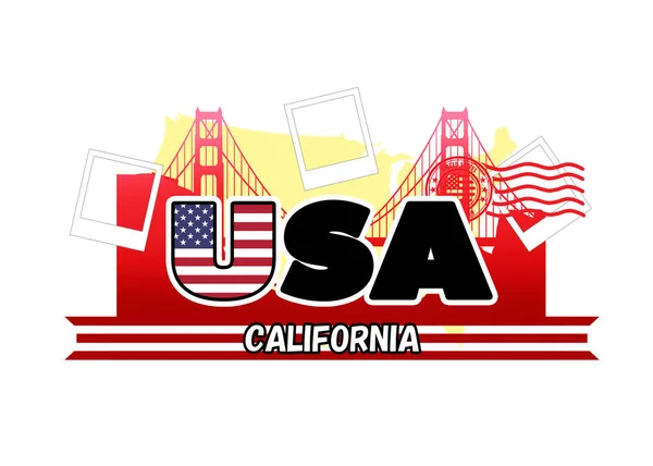 Logo of Golden Gate Bridge\'s silhouette with US flag pattern letters, polaroid borders, and red postcard stamp in the front