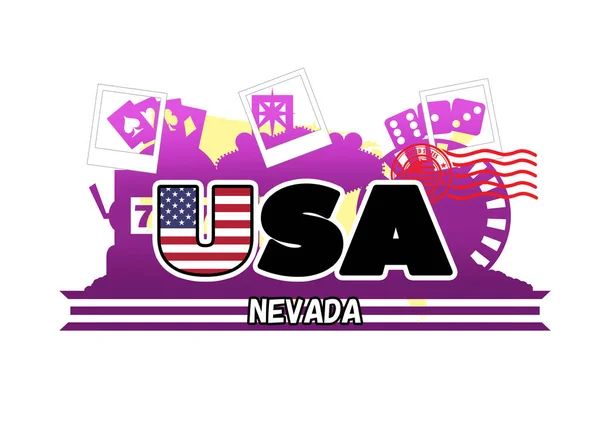 Logo of Welcome to Fabulous Las Vegas Sign\'s silhouette among playing cards,  dices, a slot machine, and a roulette, with US flag pattern letters, polaroid borders, and red postcard stamp in the front
