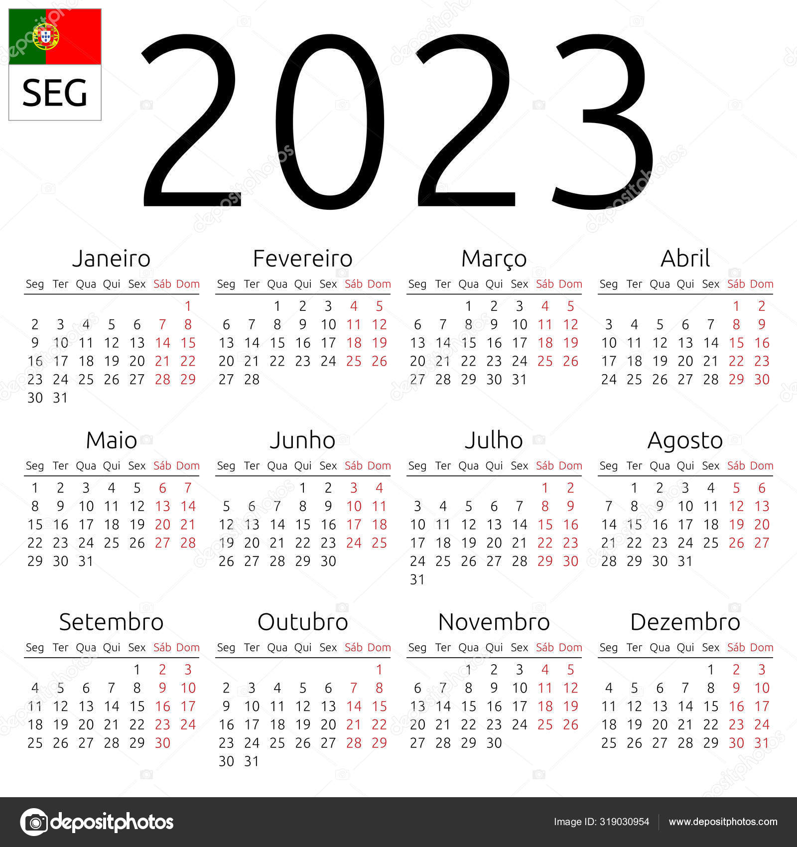 Calendar 2023 Portuguese Monday Vector Image By C Dmitry Guzhanin Vector Stock 319030954