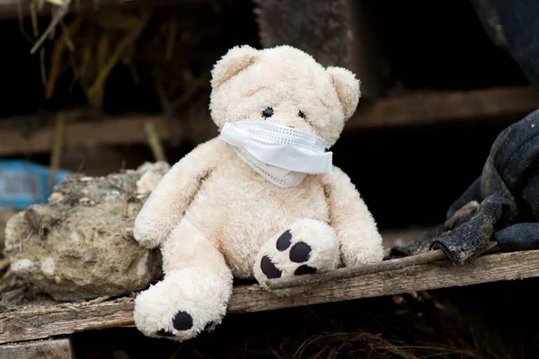 Ein Teddybär mit medizinischem Verband im Gesicht sitzt auf einer Müllkippe — Stockfoto