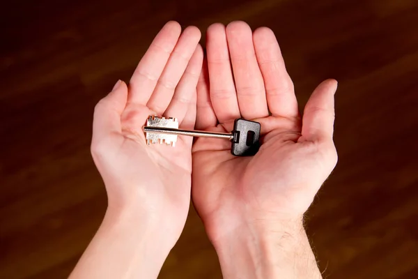 Mannelijke en vrouwelijke palmen hebben een huissleutel — Stockfoto