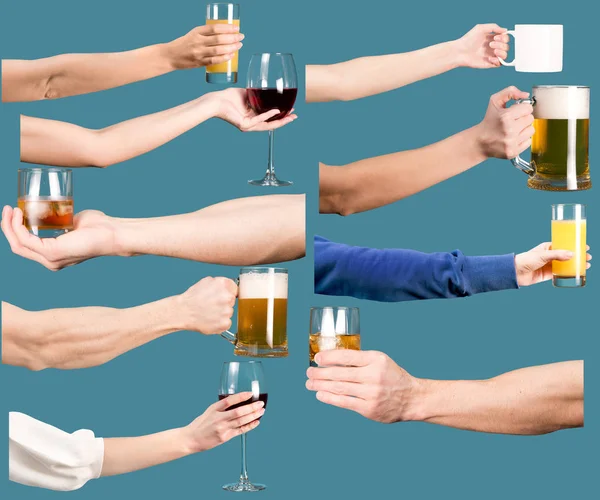 Set vrouwelijke en mannelijke handen met alcoholische en niet-alcoholische dranken. — Stockfoto