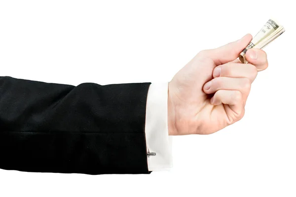 The hand of a respectable man holds dollars rolled up in a straw — Stock Photo, Image