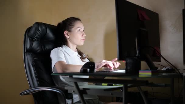 Young Businesswoman Designer Girl Working Night Computer Large Armchair Series — Stock Video