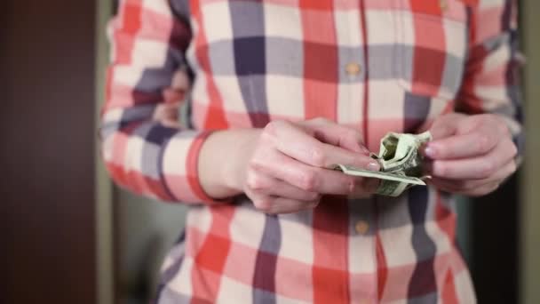 Woman Recounts Savings Difficult Moment Straightening Crumpled Dollars Her Hands — Stock Video