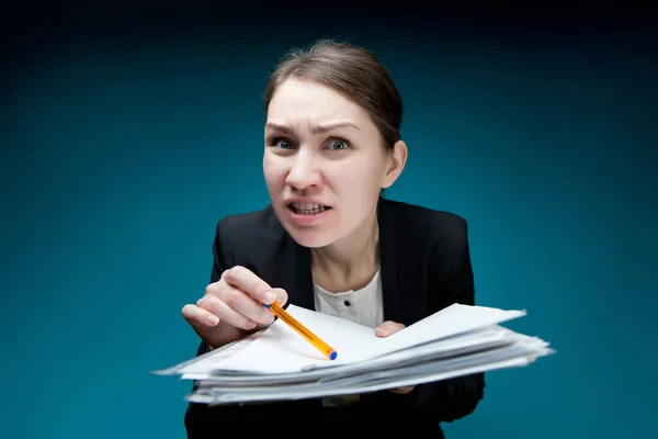 Boss Screams Swears Because Errors Documents Looks Camera Pokes Pen — Stock Photo, Image