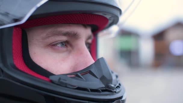 Closeup Eyes Biker Helmet Motorcyclist Looking Front Him — Stock Video