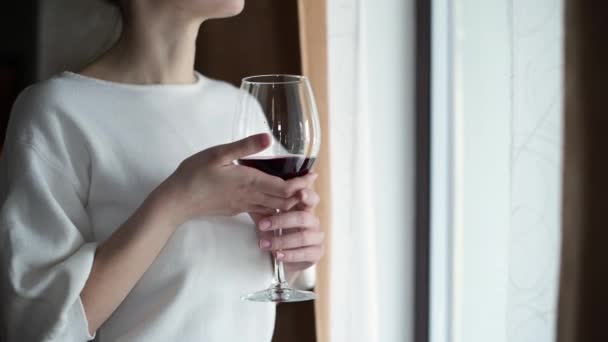 Fille Tient Verre Avec Vin Rouge Debout Près Fenêtre Gros — Video