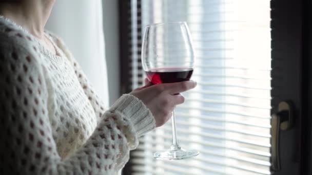 Caméra Déplace Autour Verre Avec Vin Rouge Dans Main Fille — Video