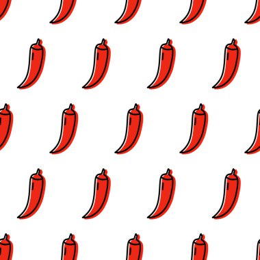 Kırmızı kırmızı biber ikonu, dikişsiz desen. Baharatlı Meksika mutfağı çizgisi sembolleri sıraya dizilmiş. Moda siluet tabela tasarım şablonu. Grafiksel resim. Ana hatlı logo vektör illüstrasyonu