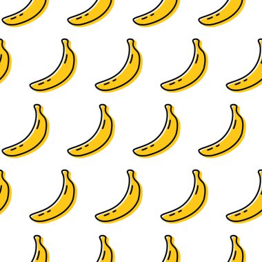 Muz ikonu kusursuz desen. Vejetaryen gıda sembolü. Sarı dolgulu satır etiketi. Modaya uygun siluet işareti, grafik resim grafiği. Beyaz arkaplanda izole edilmiş doğrusal logo vektör çizimi