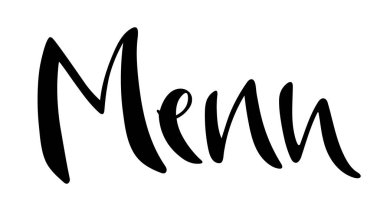 Menü kelimesi, beyaz üzerine izole edilmiş el yazısı harfleri. Zarif modern fırça harfleri. Kafe, restoran, bar, etkinlik, yemek tasarımı, yemek pişirme, mutfak logosu için. Vektör illüstrasyonu