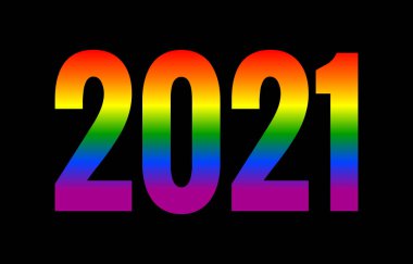 2021 Yeni Yıl sayılı metin siyah arkaplan tasarımı şablonunda parlak renkli gökkuşağı harfleri. Lgbt gurur partisi. Tebrik kartı, pankart, davetiye. Vektör İllüstrasyonu
