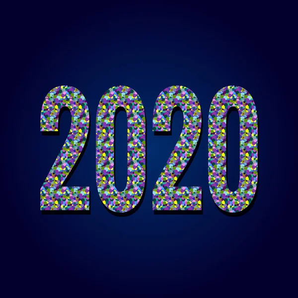 青の背景に明るいカラフルなポルカドットサークルパターンと2020数字テキストレタリング 新年のデザインテンプレート ベクターイラスト — ストックベクタ