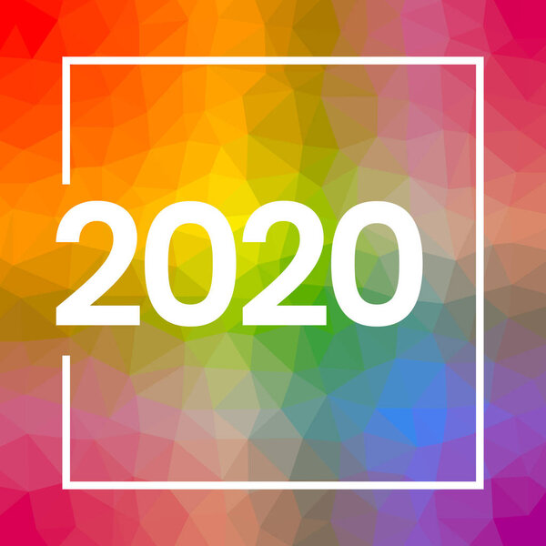 2020 New Year numeral text lettering white on bright colorful modern rainbow triangle background. LGBT pride party invitation, banner, poster, greeting card design template. Vector Illustration
