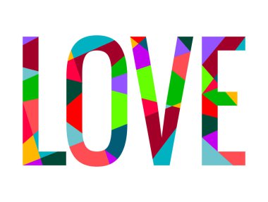 Harfleri severim. Geometrik metin mozaik yamalı yapboz renkli gökkuşağı yazıt tebrik kartı. Zeki yaratıcı çocuklar yazı tipi. İlham verici bir alıntı. Vektör illüstrasyonu