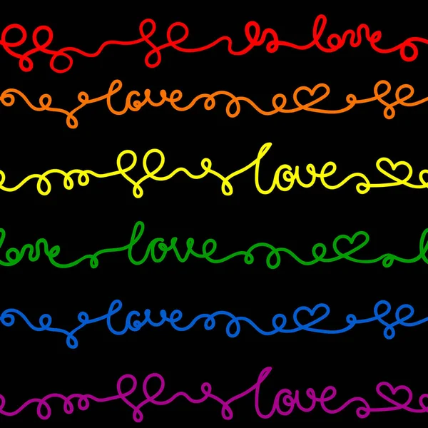 Aşk Sözcüğü Kalpler Yazısıyla Yazılmış Siyah Arka Planda Gökkuşağı Renklerinde — Stok Vektör