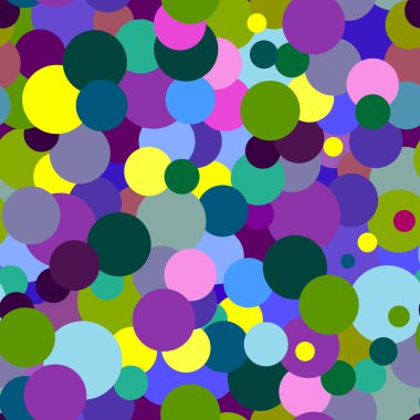 Renkli daireler ve farklı boyutlarda benekli noktalar olan kusursuz bir desen. Soyut geometrik şekiller, doku. Tekstil, web tasarımı, kartlar, arka plan kompozisyonu. Düz minimalist tasarım. Vektör illüstrasyonu