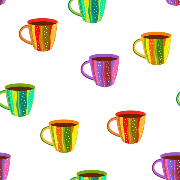 Бесшовный Узор Четырех Полосатых Красочных Керамических Фарфоровых Чашек Кружки Рисунками — стоковый вектор