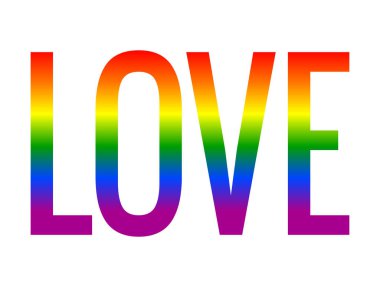 Beyaz üzerine gökkuşağı desenli aşk kelimesi. Tebrik kartı, baskı, poster, afiş ve parti davetiyesi için renkli bir yazı. Sevgililer Günü, düğün, nişan, romantik tasarım. Lgbt, CSD gururu, Ulusal Çıkış Günü sembolü