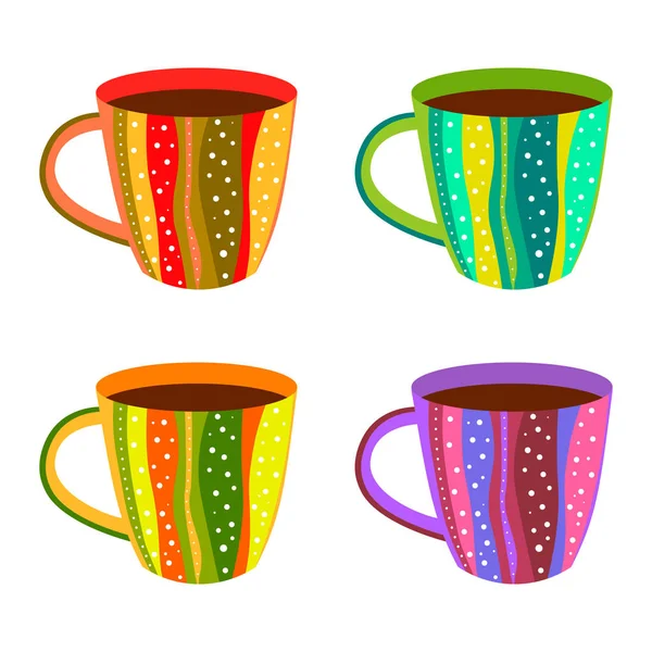 Ensemble Quatre Tasses Tasses Céramique Porcelaine Colorée Rayée Avec Motifs — Image vectorielle