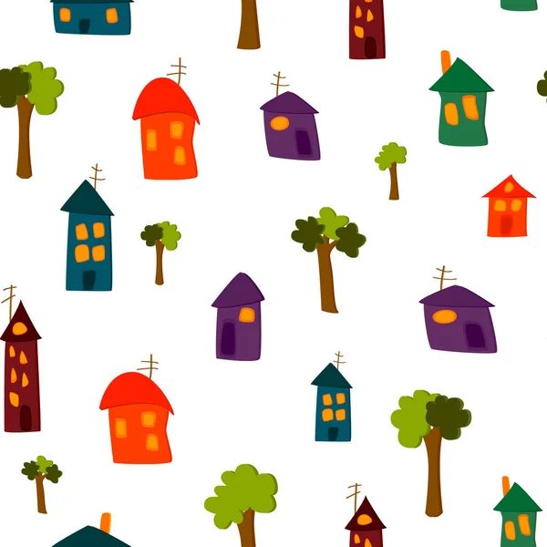 Nahtloses Muster Aus Verschiedenen Bunten Häusern Und Bäumen Cartoon Stil — Stockvektor