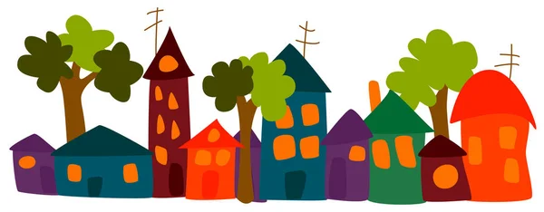 Reihe Von Verschiedenen Bunten Häusern Und Bäumen Cartoon Stil Kinderillustration — Stockvektor