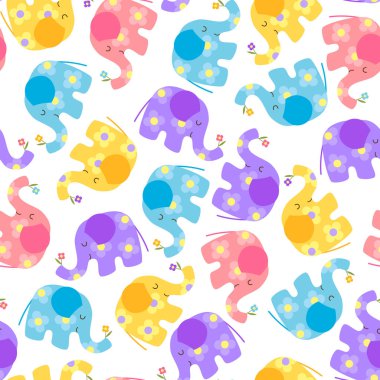 Dört sevimli karakterin kusursuz deseni kawaii filleri: Pasta mavisi, sarı, leylak ve pembe ve beyaz arkaplanda çiçek desenleri. Bebek çocuk renkleri. Düz vektör illüstrasyonu