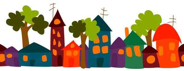 Reihenmuster Von Verschiedenen Bunten Häusern Und Bäumen Cartoon Stil Niedliche — Stockvektor