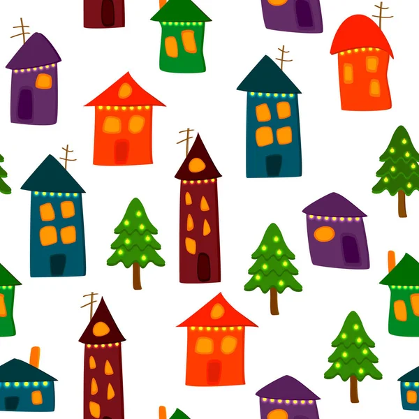 鮮やかな黄色のライトで飾られたさまざまなカラフルな漫画スタイルの家やモミの木のシームレスなパターン 子供たちは様式化された建物やクリスマスツリーをイラスト 平面設計 — ストックベクタ