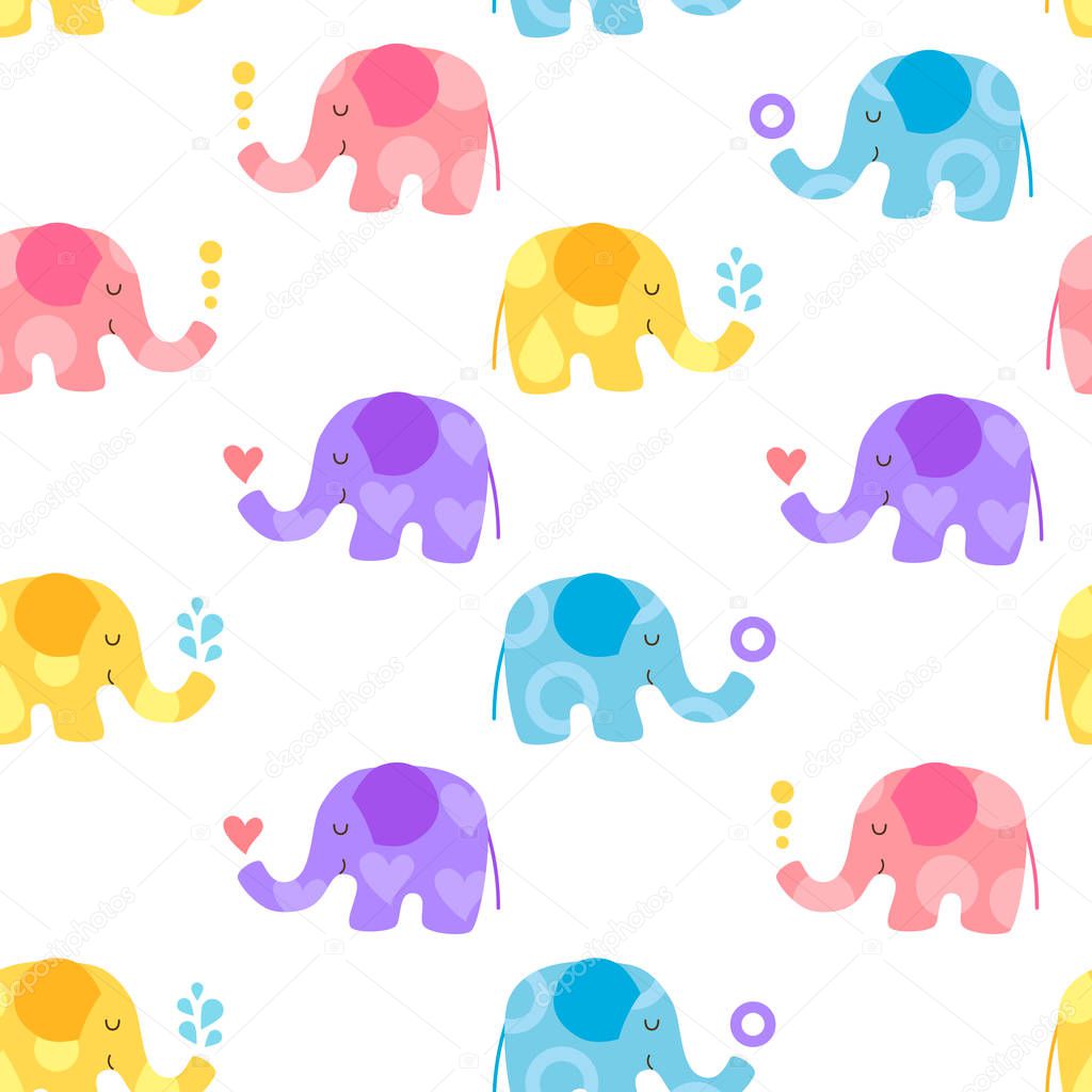 Seamless pattern of four cute characters cartoon kawaii elephants: pastel blue, yellow, lilac and pink with flower patterns on white background. Baby children colors. Flat vector illustration