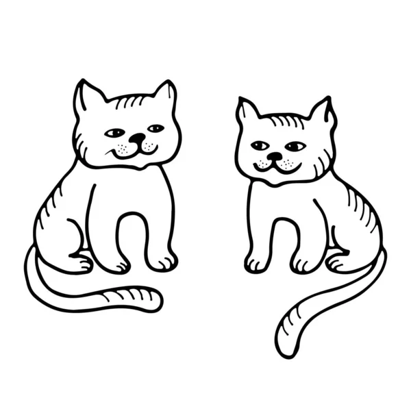 Two Cats Black Lines White Background Hand Draw Brush Ink — 스톡 벡터