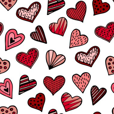 Mürekkeple çizilmiş kusursuz el izi ve çeşitli dekoratif desenlere sahip fırça gibi kalp simgeleri, pembe ve kırmızı. Aşk ve evlilik sembolü. Düğün, nişan ve sevgililer günü tasarımı için. Beyaz arkaplanda izole