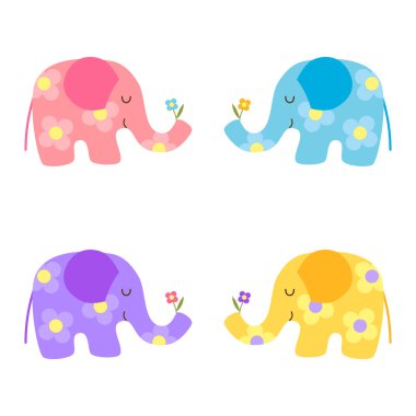 Kawaii fillerinden oluşan dört sevimli karakter seti: Pastel mavi, sarı, leylak ve çiçek desenli pembe. Bebek renkleri. Beyaz arka planda izole edilmiş. Düz vektör illüstrasyonu