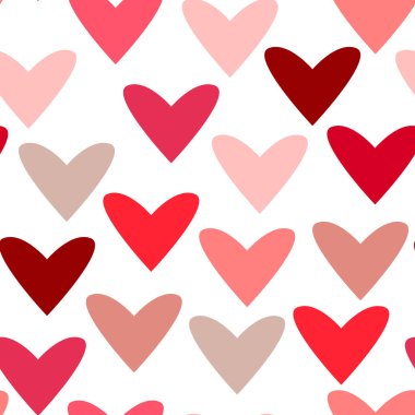 Beyaz arkaplanda çeşitli pembe renklerde basit kalp simgelerinin renksiz desenleri. Aşk ve evlilik sembolü. Düğün ve Sevgililer Günü tasarımları için. Vektör illüstrasyonu