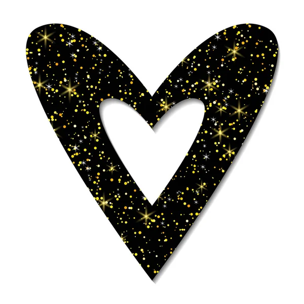 Проста Ікона Серця Золотим Блискучим Фоном Сяючими Зірками Блискітками Чорному — стоковий вектор