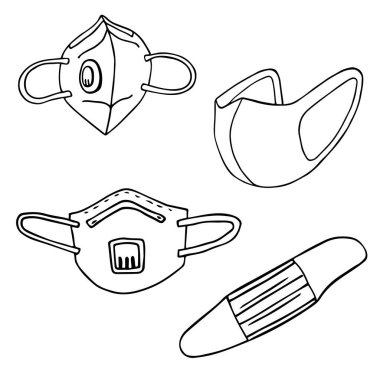 Dört farklı koruyucu tıbbi yüz maskesi. Virüslere karşı solunum cihazı, bakteri, grip, hava kirliliği, bulaşıcı hastalıklar. Coronavirus Covid-19 önleme. Sağlık, kişisel hijyen
