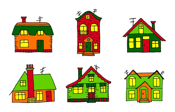 Set Von Vier Handgezeichneten Dorfhäusern Landhausstil Kinderskizzenillustration Mit Verschiedenen Bunt — Stockvektor