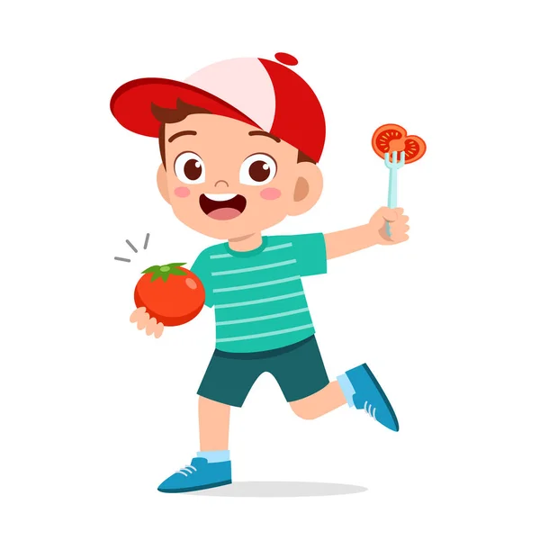 Happy Cute Kid Boy Holding verse groenten — Stockfoto